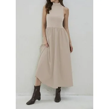 Dsewpaur Sleeveless Maxi Dress for Women Patchwork Turtleneck Pullover Dresses with Pockets Casual Plain Flowy Long Dress Apricot