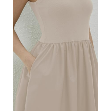 Dsewpaur Sleeveless Maxi Dress for Women Patchwork Turtleneck Pullover Dresses with Pockets Casual Plain Flowy Long Dress Apricot