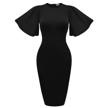 Memoriesea Women's Elegant Bodycon Ruffle Flared Midi Dress in Black