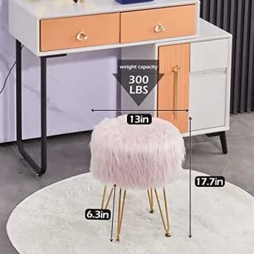 Mxfurhawa Faux Fur Storage Ottoman Round Furry Vanity Stool Marble Grain Tray Coffee Table Compact Footrest Stool with 4 Metal Legs Soft Makeup Seat Foot Stools for Living Room Bedroom Entryway Pink