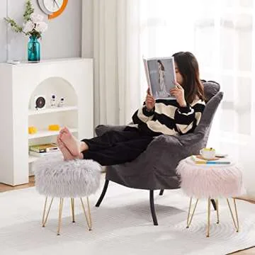 Mxfurhawa Faux Fur Storage Ottoman Round Furry Vanity Stool Marble Grain Tray Coffee Table Compact Footrest Stool with 4 Metal Legs Soft Makeup Seat Foot Stools for Living Room Bedroom Entryway Pink