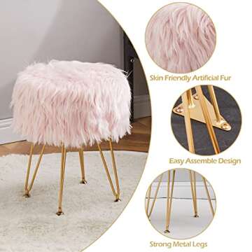 Mxfurhawa Faux Fur Storage Ottoman Round Furry Vanity Stool Marble Grain Tray Coffee Table Compact Footrest Stool with 4 Metal Legs Soft Makeup Seat Foot Stools for Living Room Bedroom Entryway Pink