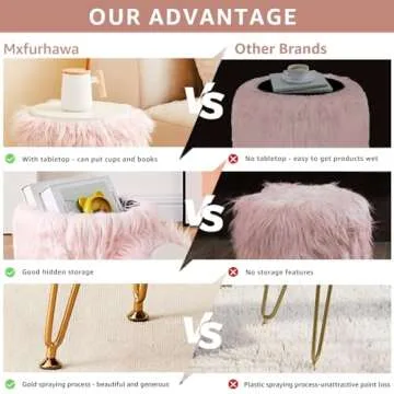 Mxfurhawa Faux Fur Storage Ottoman Round Furry Vanity Stool Marble Grain Tray Coffee Table Compact Footrest Stool with 4 Metal Legs Soft Makeup Seat Foot Stools for Living Room Bedroom Entryway Pink
