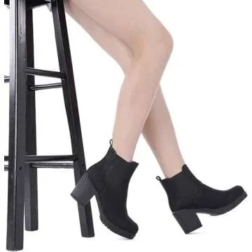 DREAM PAIRS Women's High Chunky Heel Chelsea Ankle Boots Slip On Elastic Fall Heeld Booties Shoes,Size 6.5,Black/Pu,FRE