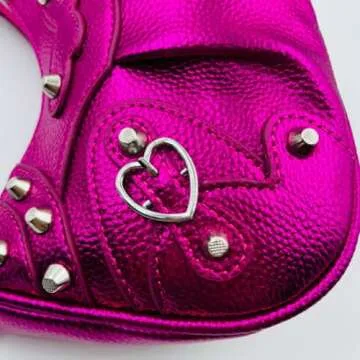 Motleader Shoulder Bag for Women, Silver Metallic Leather Hobo Bag, Punk Style Y2k Crossbody Purse with Rivet, Rose Pink
