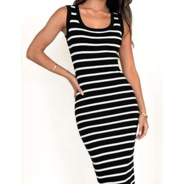 ZESICA Women's Summer Square Neck Bodycon Midi Dresses 2025 Casual Sleeveless Ribbed Knit Striped Be...