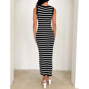 ZESICA Women's Summer Square Neck Bodycon Midi Dresses 2025 Casual Sleeveless Ribbed Knit Striped Beach Vacation Long Dress,Black,X-Large