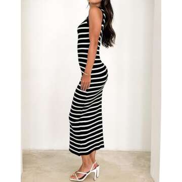 ZESICA Women's Summer Square Neck Bodycon Midi Dresses 2025 Casual Sleeveless Ribbed Knit Striped Beach Vacation Long Dress,Black,X-Large