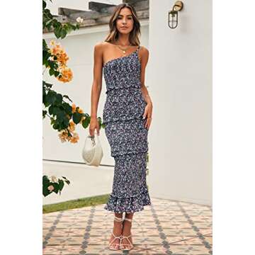 PRETTYGARDEN Summer One Shoulder Midi Floral Dress