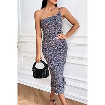 PRETTYGARDEN Summer One Shoulder Midi Floral Dress