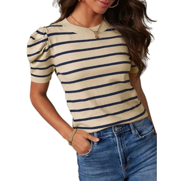 Dokotoo Women's Summer Knit Tops - Puffed Short Sleeve Blouses