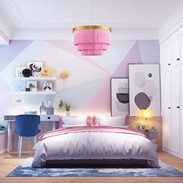 Huncdfe Bohemia Tassel Pendant Light,3 Lights Modern Flush Mount Ceiling Lights, Nordic LED Chandelier for Bedroom,Nursery Room, Girl Room, Hallway, Entryway, Dining Room (Pink)