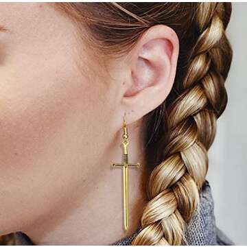 Gothic Vintage Silver Sword Cross Dangle Hook Earrings for Women