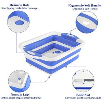 Rottogoon Collapsible Cutting Board, Foldable Chopping Board with Colander, Multifunctional Kitchen Vegetable Washing Basket Silicone Dish Tub for BBQ Prep/Picnic/Camping(BlueViolet)