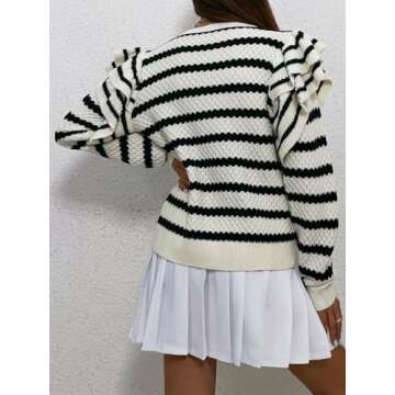 GORGLITTER Women's Striped Ruffle Long Sleeve Sweater Fall Winter Pullover Sweaters Cute Crewneck Kn...