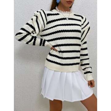 GORGLITTER Women's Striped Ruffle Long Sleeve Sweater Fall Winter Pullover Sweaters Cute Crewneck Knit Tops Black and White Small