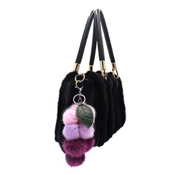 surell - Genuine Mink Fur Grape Bunch Fruit Keychain - Cute Bag Charm Pom Pon Gold Ring Fluffy Fur B...
