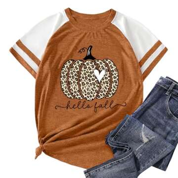 Halloween Pumpkin T Shirt Women Leopard Graphic Tees Fall Shirt Raglan Short Sleeve Thanksgiving Gift Top