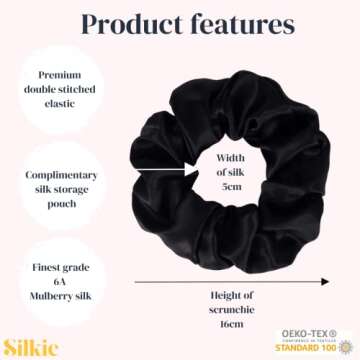 SILKIE x2 Set 100% Pure Mulberry Silk Cream Coffee Black Large Oversized Scrunchies Silk Travel Pouch Hair Ties Elastics Hair Care Premium Ponytail Holder No Damage (Cocoa)