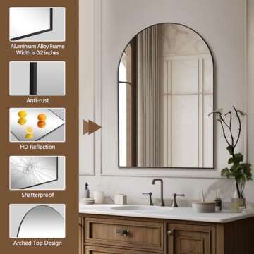 Mirrorons 38 x 26 Inch Black Large Arched Mirror for Bathroom Vanity Mirror, Arched Wall Mirror with Metal Frame, Decor Modern Dresser Mirror for Bedroom Living Room Entryway, Shatterproof