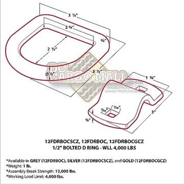 DC Cargo Galvanized Steel D-Ring Tie-Down Anchors 1/2" (4 Pack) 12,000 lbs Heavy Duty Trailer Tie Downs, Bolt-on D Rings Heavy Duty Hooks, Trailer Accessories Secure Cargo in Trucks, Vans, Trailers