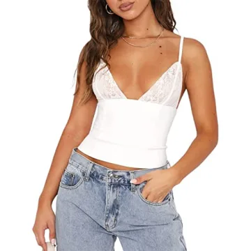 Annystore Y2K Tops for Women Sexy Spaghetti Strap V Neck Double Layer Lace Camisoles Summer Sleevele...