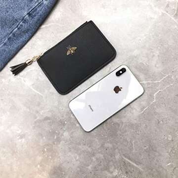 AnnabelZ Coin Purse Change Wallet Pouch Leather Card Holder with Key Chain Tassel Zip(Black)