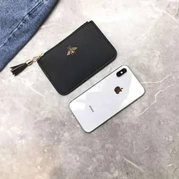 AnnabelZ Coin Purse Change Wallet Pouch Leather Card Holder with Key Chain Tassel Zip(Black)