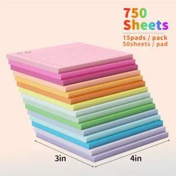 EOOUT 15 Pack Lined Sticky Notes, 3"x4" for Office & School: 750 Sheets