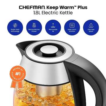 Chefman Glass Electric Kettle 1.8L - BPA Free, Keep Warm Function, Auto Shut Off, Tea Infuser, 1500W