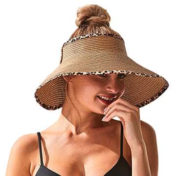 Leopard Roll Up Sun Visors Straw Hat Wide Brim Foldable Summer Beach Hats (Khaki)