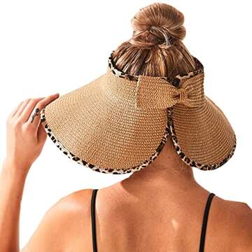 Leopard Roll Up Sun Visors Straw Hat Wide Brim Foldable Summer Beach Hats (Khaki)