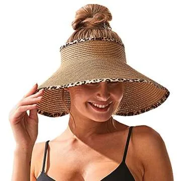 Leopard Roll Up Sun Visors Straw Hat Wide Brim Foldable Summer Beach Hats (Khaki)