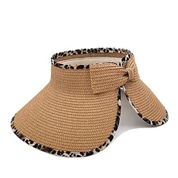 Leopard Roll Up Sun Visors Straw Hat Wide Brim Foldable Summer Beach Hats (Khaki)