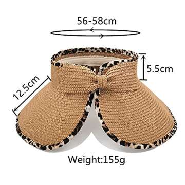 Leopard Roll Up Sun Visors Straw Hat Wide Brim Foldable Summer Beach Hats (Khaki)