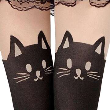 JCSMARTEC Cute Pantyhose Stockings,Cartoon Animal Cat Printing Semi Sheer Cosplay High Waist Socks Tights Legging (Cute Cat - 01)