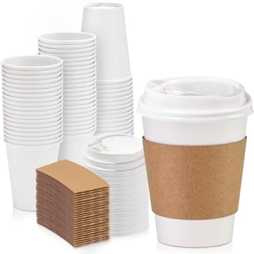 Fit Meal Prep 50 Pack 12 oz Disposable Coffee Cups with Lids, Sleeves, Leak-Proof To Go Coffee Cups ...