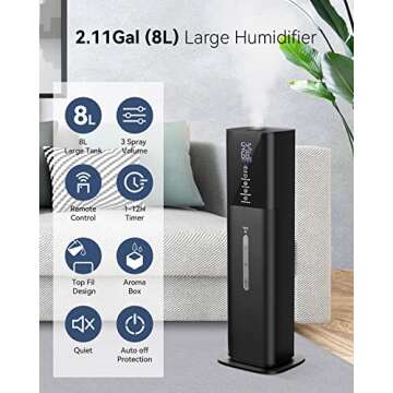 Humidifiers for Bedroom, 2.11Gal 8L Quiet Humidifiers for Large Room with Timer, 360°Nozzle, 3 Spee...