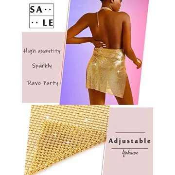 Yokawe Sexy Sequin Short Dress Gold Slit Mini Skirt Cocktail Body Chain Rave Party Clubwear Accessories Jewelry for Women (Gold)
