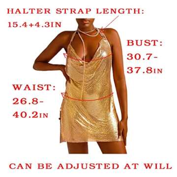 Yokawe Sexy Sequin Short Dress Gold Slit Mini Skirt Cocktail Body Chain Rave Party Clubwear Accessories Jewelry for Women (Gold)