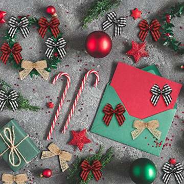 150 Pcs Christmas Checkered Natural Mini Bow Tiny Twist Tie Bow Handmade Craft Ribbon Bow Hair Small Bow Buffalo Plaid Bow Craft Supply for DIY Sewing Party Decor (Plaid Black white, Red Black, Beige)