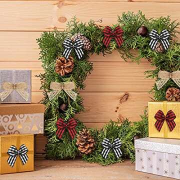 150 Pcs Christmas Checkered Natural Mini Bow Tiny Twist Tie Bow Handmade Craft Ribbon Bow Hair Small Bow Buffalo Plaid Bow Craft Supply for DIY Sewing Party Decor (Plaid Black white, Red Black, Beige)