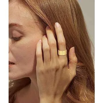 RLMOON 18K Gold or Silver Plated Wide Band Rings 12MM Thumb Ring for Women Men Thick Simple Plain Band Ring High Polished Comfort Fit Size 6-11 (Gold Hammered Ring, 7)