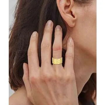 RLMOON 18K Gold or Silver Plated Wide Band Rings 12MM Thumb Ring for Women Men Thick Simple Plain Band Ring High Polished Comfort Fit Size 6-11 (Gold Hammered Ring, 7)