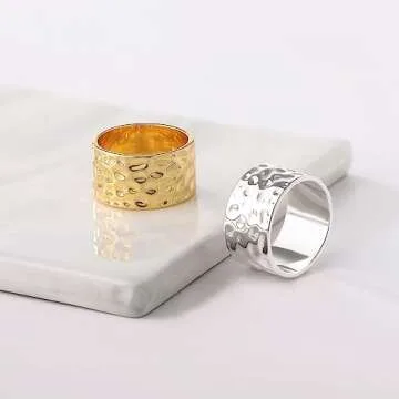 RLMOON 18K Gold or Silver Plated Wide Band Rings 12MM Thumb Ring for Women Men Thick Simple Plain Band Ring High Polished Comfort Fit Size 6-11 (Gold Hammered Ring, 7)