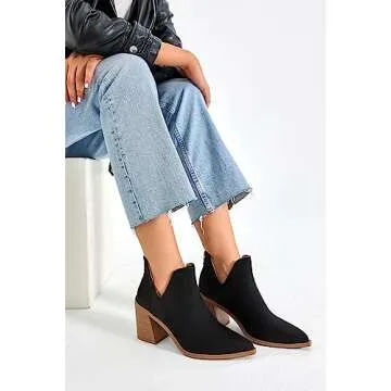 Kathemoi Womens Ankle Boots Slip on Cutout Pointed Toe Leopard Chunky Stacked Mid Heel Booties