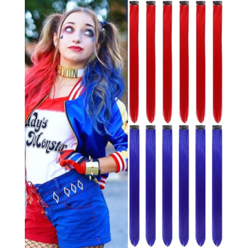 Red and Blue Hair Extensions Clip in 12 PCS, Olldag Colored Hair Extensions Party Highlights, Colorf...