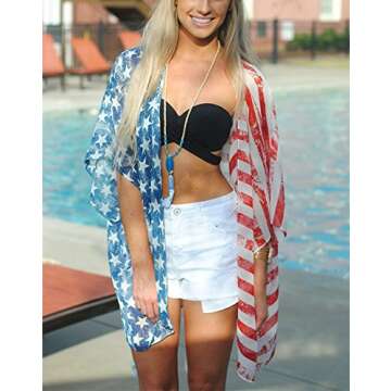 DDSOL Women's American Flag Kimono Cover Up Beachwear Cardigan Loose Tops Shirt Blouse (Red One Size...