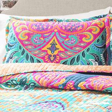 Lush Decor Boho Chic Reversible Cotton Quilt 3-Piece Set, King, Turquoise & Navy - Bright Paisley Pr...