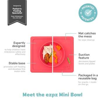 ezpz Mini Bowl for 12 Months+ (Coral) - 100% Silicone Suction Bowl with Built-in Placemat for Toddlers - Comes with a Reusable Travel Bag